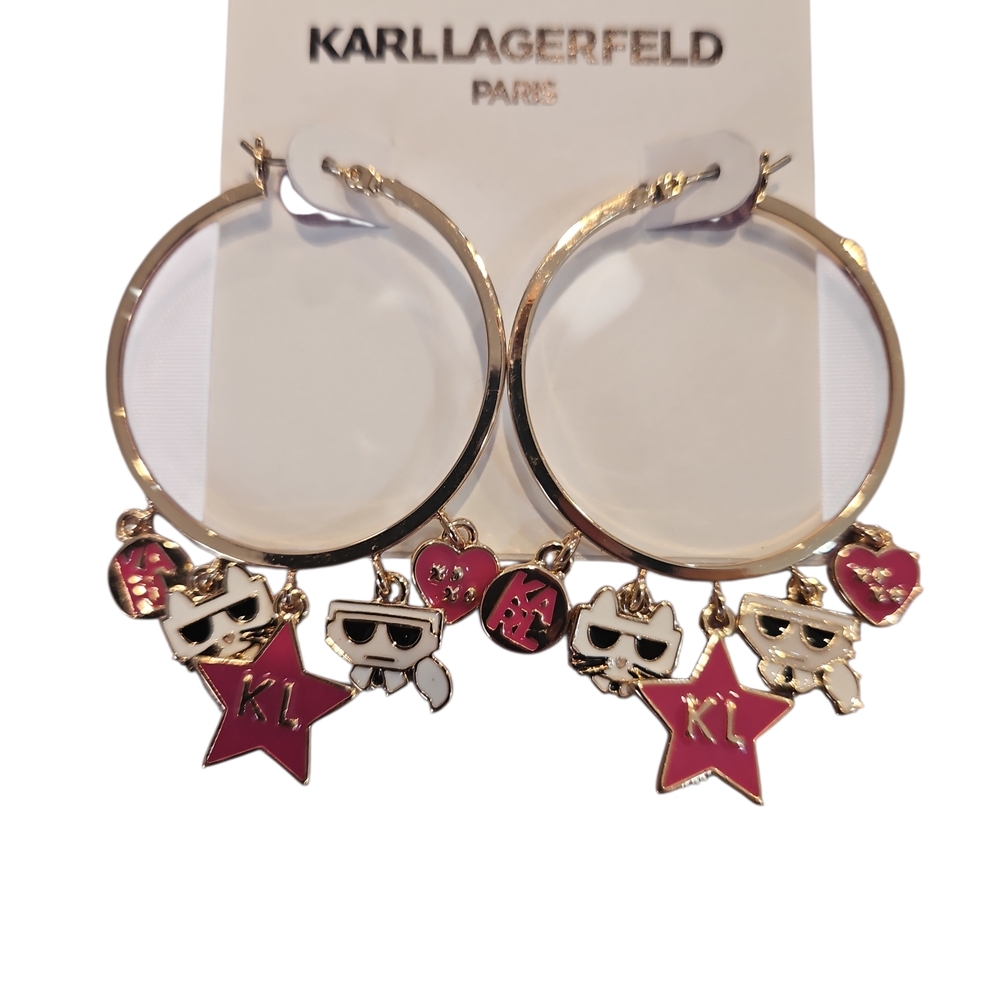 Karl Lagerfeld Paris Woman  Gold Tone Mixed Charm  Hoop Earrings